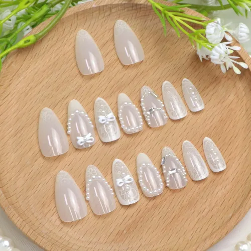 Miniatura 3 de Uñas postizas medianas a presión de almendra, con lazo 3D, perlas y diamantes de imitación, diseños de flores, uñas adhesivas, uñas acrílicas