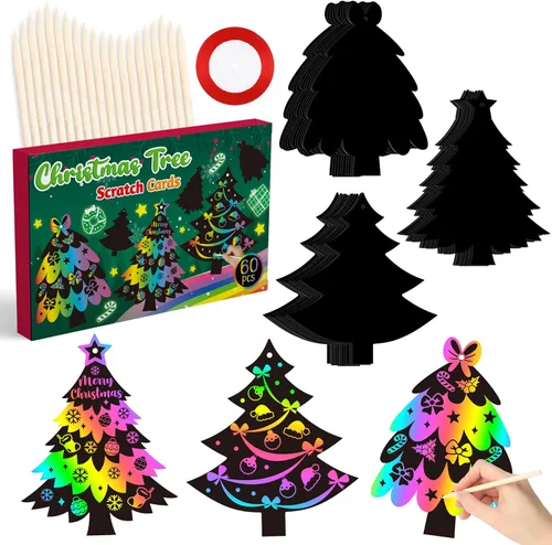 WATINC 60 piezas de papel para rascar árbol de Navidad, adornos artísticos para fiestas de Navidad, tarjetas de rascar colgantes, manualidades,