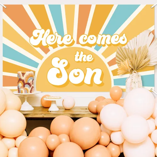 Miniatura 4 de Here Comes The Son - Telón de fondo para baby shower, estilo bohemio, retro, apagado, amanecer, decoración para colgar en la pared, fiesta