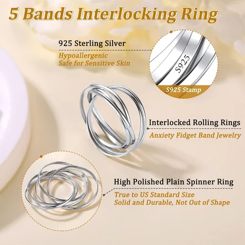 Miniatura 4 de Suplight Anillos entrelazados de plata de ley para mujer, anillo simple para ansiedad, anillos de polvo de estrellas lisos, anillo apilable