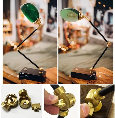 Miniatura 4 de Vintage Industrial Green Glass Table Lamp Modern Antique Brass and Wood Body Desk Light with Button Switch Table Lights for Bedroom(Walnut,Long)