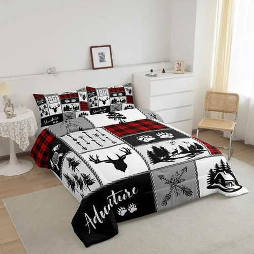 Miniatura 213 de Juego de edredón de cuernos de ciervo tamaño individual, juego de ropa de cama rústica de granja con huellas de oso y pinos para decoración