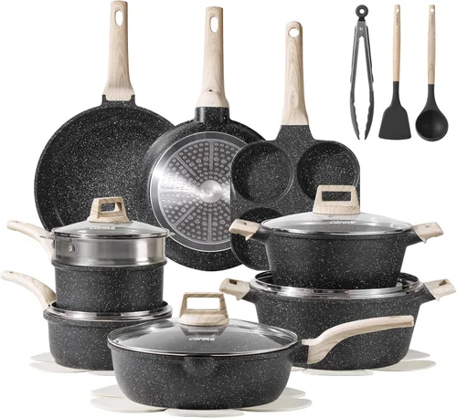 CAROTE - Juego de 21 piezas de ollas y sartenes antiadherentes, juego de utensilios de cocina de inducción de granito negro, con sartenes y