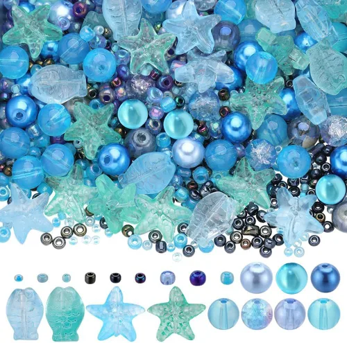 Miniatura 15 de SUNNYCLUE 1 Caja 540 piezas Kit de Cuentas Oceánicas Vidrio Verano Pez Estrella de Mar Dijes Azul Hawaii Animales Marinos Dije Cuentas de Semillas