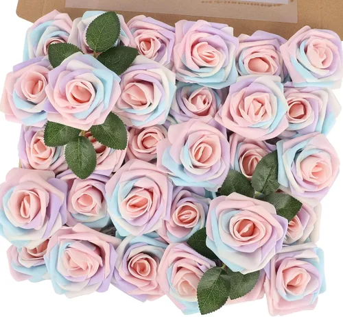Miniatura 48 de MACTING 30 Rosas Artificiales Blancas Flores Falsas con Tallo Rosas de Espuma de Tacto Real para DIY Arreglos de Ramo de Boda Centros de Mesa White-1
