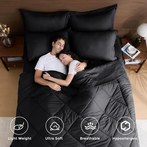 Miniatura 2 de HEVUMYI Juego de edredón negro tamaño King - Juego de 7 piezas para cama en una bolsa King para todas las estaciones, juego de ropa de cama ultra