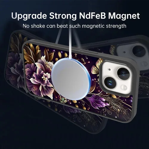 Miniatura 5 de OOK Funda Magnética para iPhone 15 Plus Diseño de Nebulosa Espacial de Flores Morado Profundo [Compatible con MagSafe] PC Duro + TPU Suave