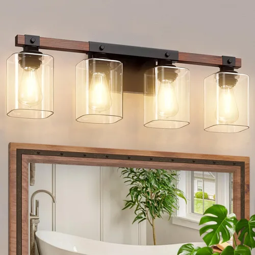Amico Lámparas de tocador de baño de 4 luces, lámparas rústicas industriales de madera pintada, apliques de pared negros vintage con pantalla de