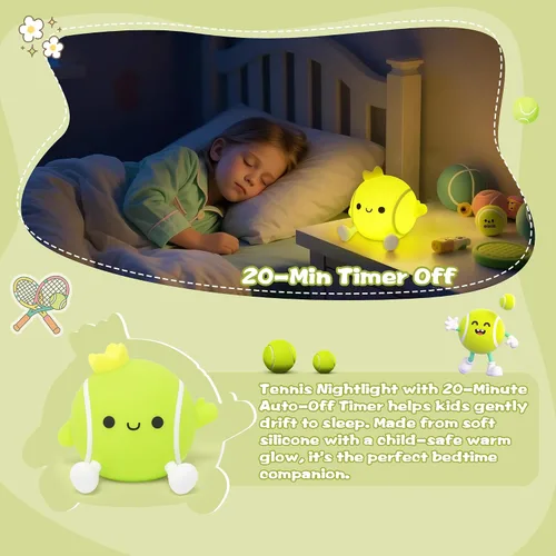 Miniatura 2 de CoolGift Mart Regalos de Tenis, Linda Luz Nocturna de Silicona con Pelota de Tenis, Control Táctil y Temporizador, Adecuada para Lactancia Lectura