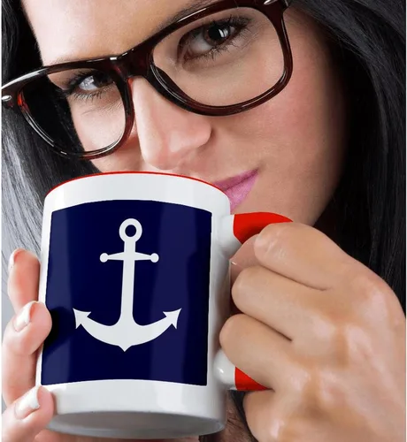 Miniatura 2 de 3dRose Taza roja de dos tonos con diseño de ancla náutica azul marino y blanco de 11 oz