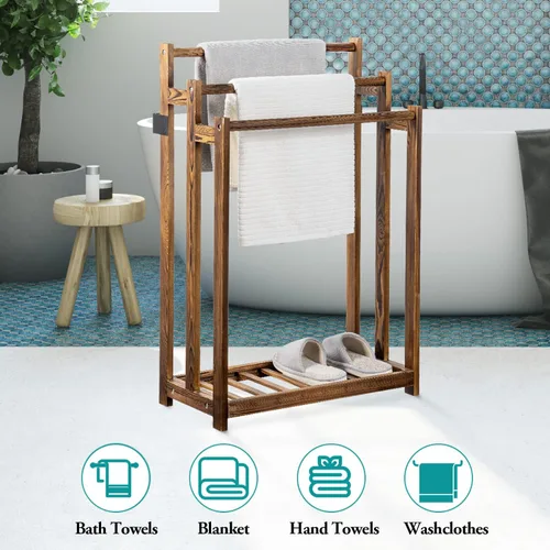 Miniatura 2 de MyGift Toallero de pie, estante de madera de 3 niveles, soporte de secado de toallas de baño, soporte para manta con estante inferior