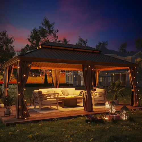 Miniatura 2 de Gazebo de techo rígido de 12 x 20 pies, kiosco de aluminio para exteriores, doble techo, acero galvanizado, acabado de madera, toldo recubierto