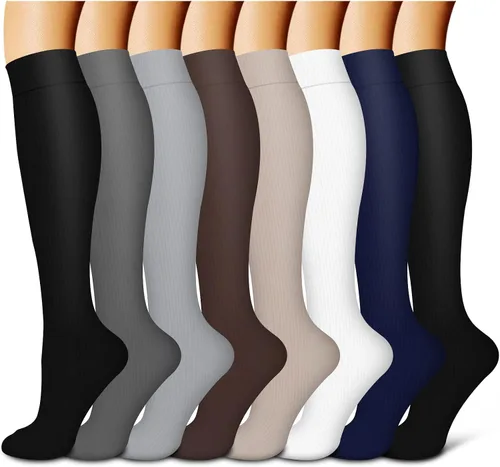 Calcetines de compresión para mujeres y hombres (8 pares), calcetines ideales para correr, deportes, senderismo, viajes en vuelo, embarazo