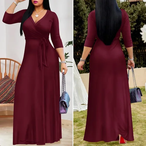 Miniatura 4 de FANDEE - Vestido largo de verano para mujer, unicolor, bohemio con cuello en V y manga 34