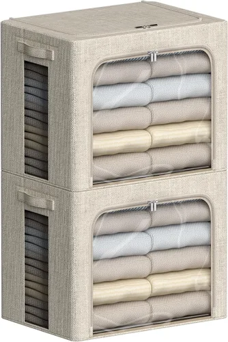 Miniatura 17 de FHSQX Paquete de 2 contenedores de almacenamiento de ropa apilables, caja de almacenamiento con marco de metal, organizador plegable de tela de lino