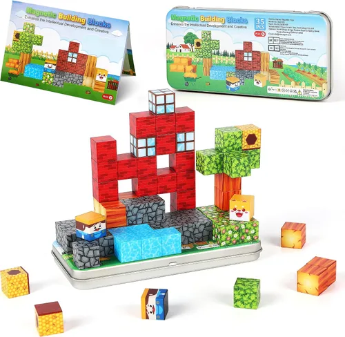 Miniatura 8 de SYSKENI Juego de 35 Bloques Magnéticos de Viaje, Mini Bloques Magnéticos Juguetes de Viaje para Niños de 3-5 y 4-8 Años, Cubos Magnéticos Portátiles