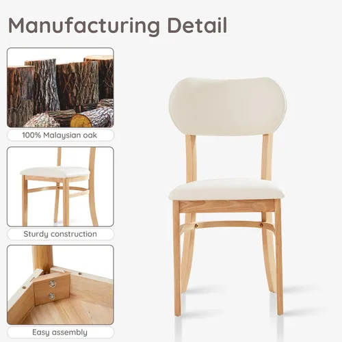 Miniatura 4 de Livinia Tony - Juego de 2 sillas de comedor, asiento tapizado de piel sintética de roble malasio sólido, sillas laterales redondeadas (natural)