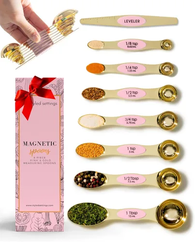 Miniatura 12 de Cucharas medidoras magnéticas blancas y doradas, cucharas medidoras de doble cara de acero inoxidable para cocinar y hornear, bonitos accesorios
