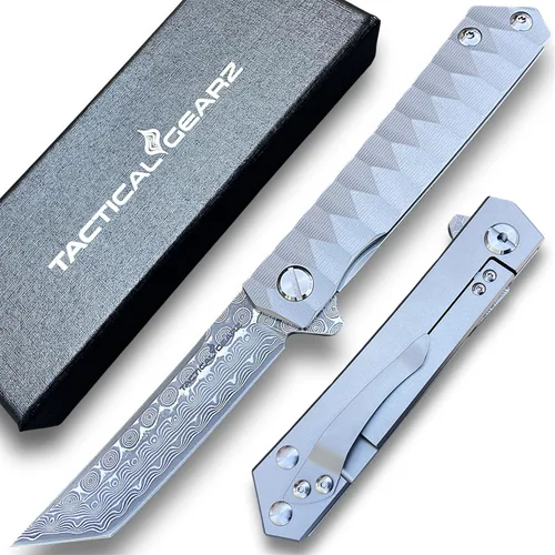 Miniatura 10 de Cuchillo plegable de bolsillo de Damasco, mango de titanio sólido Tc4, hoja Tanto de acero Damasco VG10 multicapa de 67 capas (Saint DXT)