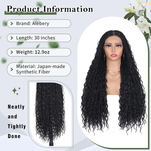 Miniatura 5 de Alebery Pelucas Trenzadas de Caja Bohemias Sin Nudos de Encaje Frontal HD 13X8 para Mujeres Negras Pelucas de Trenzas de Caja Bohemias con Rizos