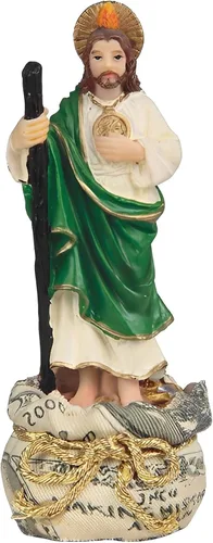 ICE ARMOR Estatua de San Judas de 5 pulgadas de alto con estatua de saco de dinero, decoración religiosa, escritorio de oficina, hogar, sala de