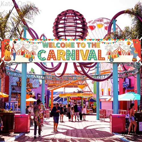 Miniatura 5 de Fondo de bienvenida al carnaval: 120 x 20 pulgadas, pancarta de carnaval para patio, decoraciones de fiesta temática de carnaval, juegos de carnaval
