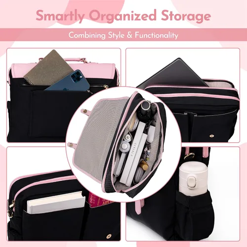 Miniatura 6 de Bolsa de mano para laptop para mujer, bolsa de trabajo de lona de 15.6 pulgadas con 17 bolsillos, color negro y beige, elegante, duradera y ligera