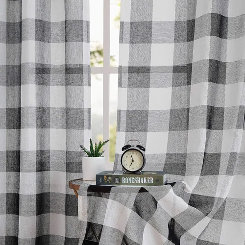 Miniatura 6 de Cortinas cortas de cuadros de búfalo en blanco y negro, de 63 pulgadas de largo, con paneles para ventana, estilo granja, para sala de estar