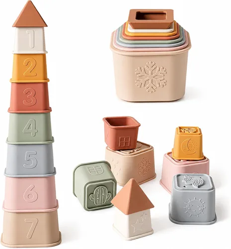 Tazas Apilables para Bebés, Juguetes de Apilar de Silicona, Torre Educativa de Construcción para Bebés 6M+, Bloques de Construcción Blandos para