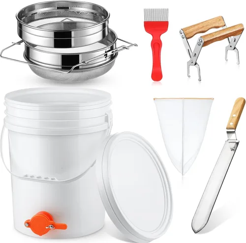 Kit de recolección de miel de 7 piezas, cubo de miel de 5 galones con puerta, colador de acero inoxidable de doble tamiz, soportes, tenedor de