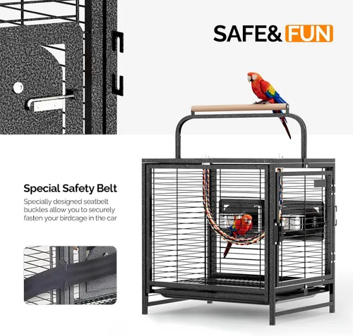 Miniatura 6 de VINGLI Jaula para pájaros pequeños, jaula de viaje de 19 pulgadas con asa, jaula de periquitos de hierro forjado con perca de madera para loros