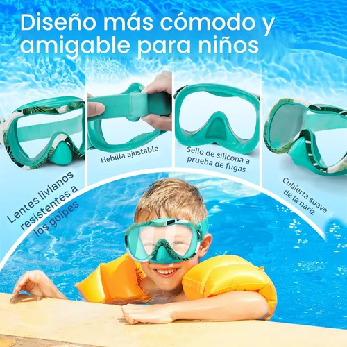 Miniatura 3 de Gafas de natación para niños, antifugas, máscara de Snork con cubierta de nariz y correa de tela elástica, gafas de natación con protección UV