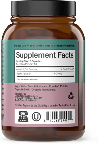 Miniatura 3 de Complete Natural Products Cápsulas orgánicas de hongos Reishi, 250 mg, 100 unidades Extracto corporal fructífero A base de plantas Soporte
