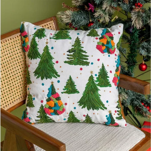Folkulture Cojines bordados de 18 x 18 pulgadas, cojines decorativos bohemios para exteriores en verde, tema navideño