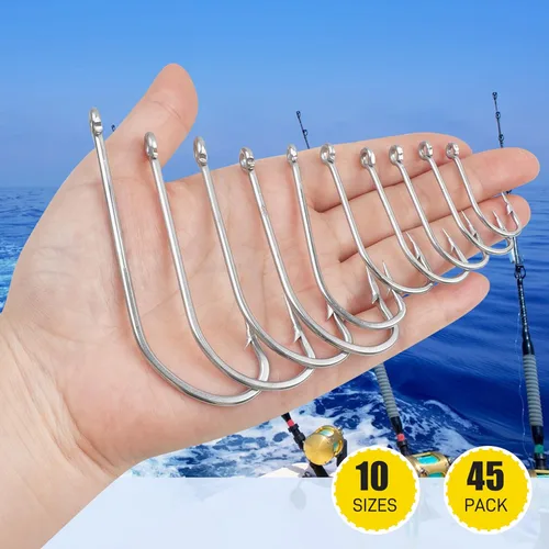 Miniatura 6 de O'Shaughnessy - Ganchos de pesca en J para agua salada, 45 ganchos de acero inoxidable forjados, ganchos en J forjados extra fuertes, anzuelos