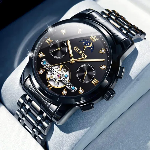 Miniatura 6 de OLEVS Relojes automáticos para hombre, esqueleto Tourbillon, reloj de pulsera de lujo con diamantes de cuerda automática, acero inoxidable