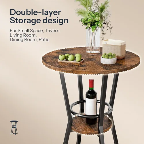 Miniatura 7 de HOOBRO Mesa redonda de bar, mesa de bar de 2 niveles con soporte para copas de vino, mesa de cóctel industrial, para espacios pequeños, taberna