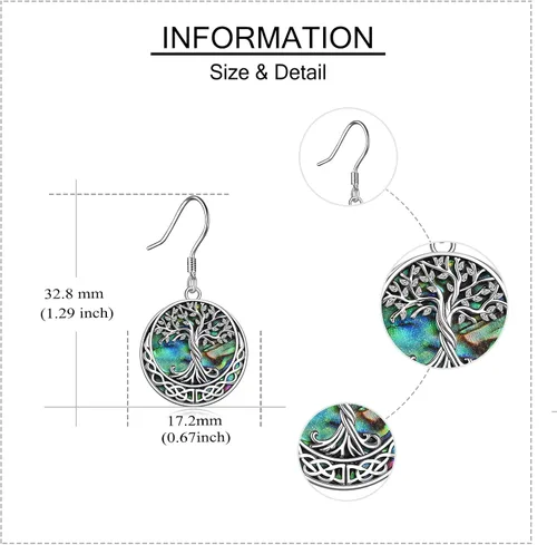 Miniatura 5 de Aretes de plata de ley con diseño de árbol de la vida celta con concha de abulón para mujer