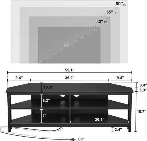 Miniatura 7 de Unikito Soporte esquinero de TV con toma de corriente, mesa de esquina para centro de entretenimiento con 4 estantes abiertos, mueble de TV