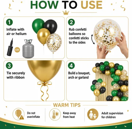 Miniatura 8 de Isndare Globos Negros, Dorados y Verdes para Decoraciones de Fiesta de Graduación 60 Piezas 30.5CM Globos Negros, Dorados y Verdes Metálicos Negro