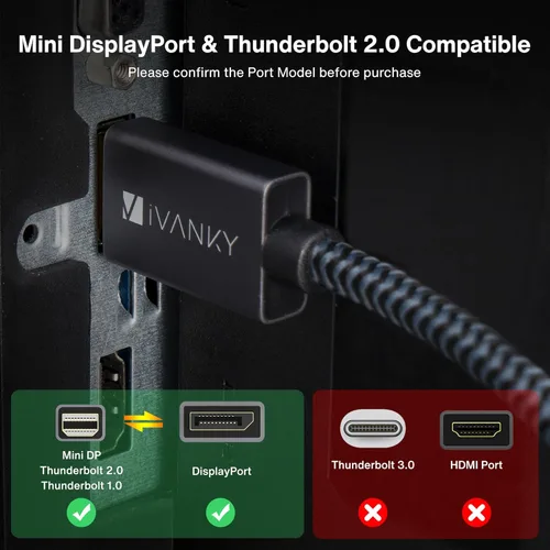 Miniatura 8 de IVANKY Cable Mini DisplayPort a DisplayPort de 8K de 6.6 pies, cable mini DP a DP bidireccional 8K a 60Hz, 4K @144Hz, 32.4Gbps HD