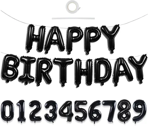 TONIFUL Juego de globos negros de feliz cumpleaños y números de 16 pulgadas, globos de letras de aluminio metálico con globos de 0 a 9 dígitos para