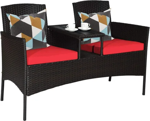 Tangkula Sofá biplaza de ratán para exteriores, juego de conversación para patio con cojines y mesa, moderno juego de sofá de mimbre patentado con