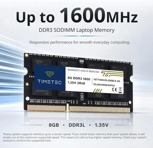 Miniatura 2 de Timetec Kit de 16 GB (2 x 8 GB) DDR3L / DDR3 1600 MHz (DDR3L-1600) PC3L-12800 / PC3-12800 no ECC sin búfer 1,35 V/1,5 V CL11 2 Rx8 204 pines SODIMM