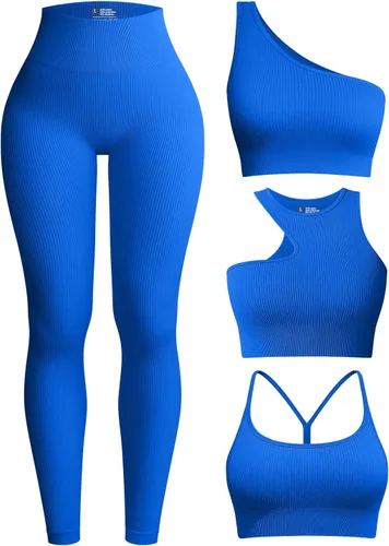 OQQ Conjuntos de entrenamiento de 4 piezas para mujer leggings acanalados de cintura alta con 3 piezas con brasier deportivo