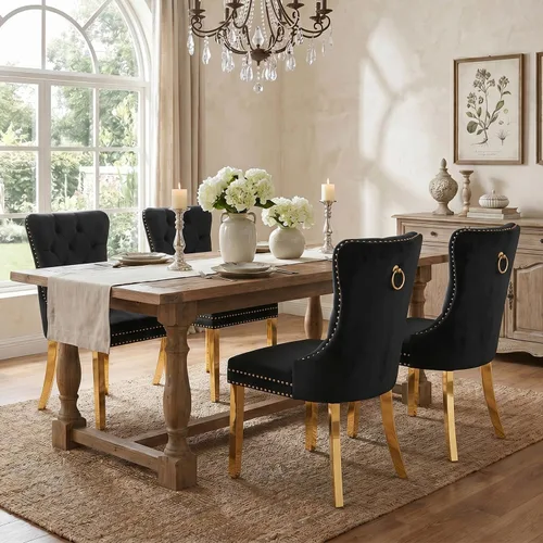 Miniatura 4 de SoarFlash Juego de 6 Sillas de Comedor de Terciopelo, Sillas de Comedor Tapizadas con Mechones, Ribete de Tachuelas y Patas Chapadas en Oro Sólido