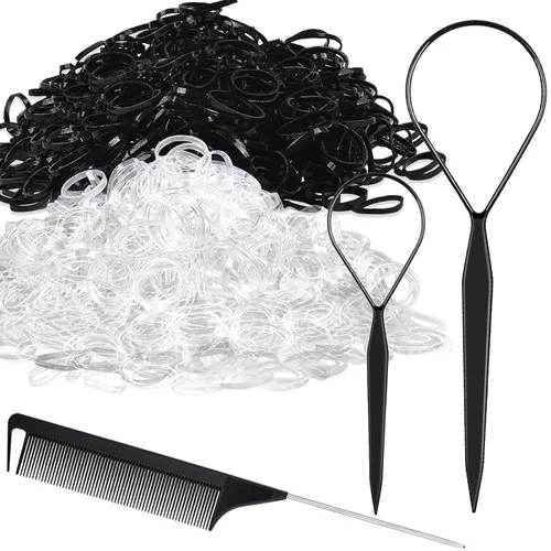 Miniatura 9 de IKOCO Juego de ligas para el cabello, 1505 bandas elásticas coloridas para el cabello con herramientas para el cabello Topsy Tail, peine de cola