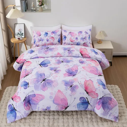 Miniatura 10 de Btargot Juego de edredón de 3 piezas con diseño de mariposas para niños, juego de cama con estampado de flores coloridas para mujeres y niñas