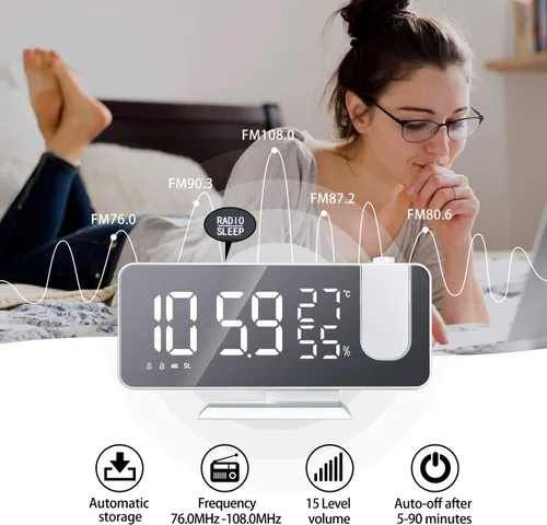 Miniatura 4 de ThreeH Reloj despertador de proyección con cargador USB Proyector giratorio de 180° Reloj despertador con radio FM Pantalla de espejo de 7.4