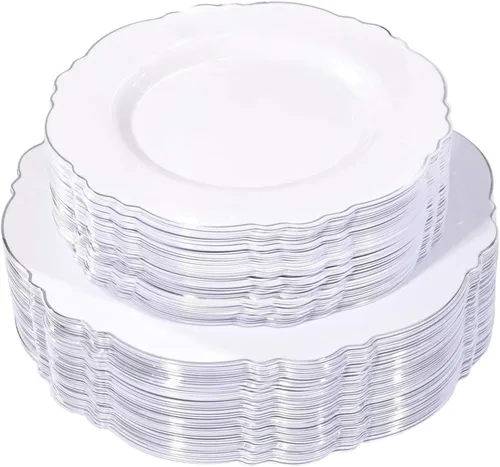 WDF 100 platos de plástico plateado, diseño barroco de alta gama, platos blancos y plateados resistentes para fiestas de Navidad y bodas de lujo